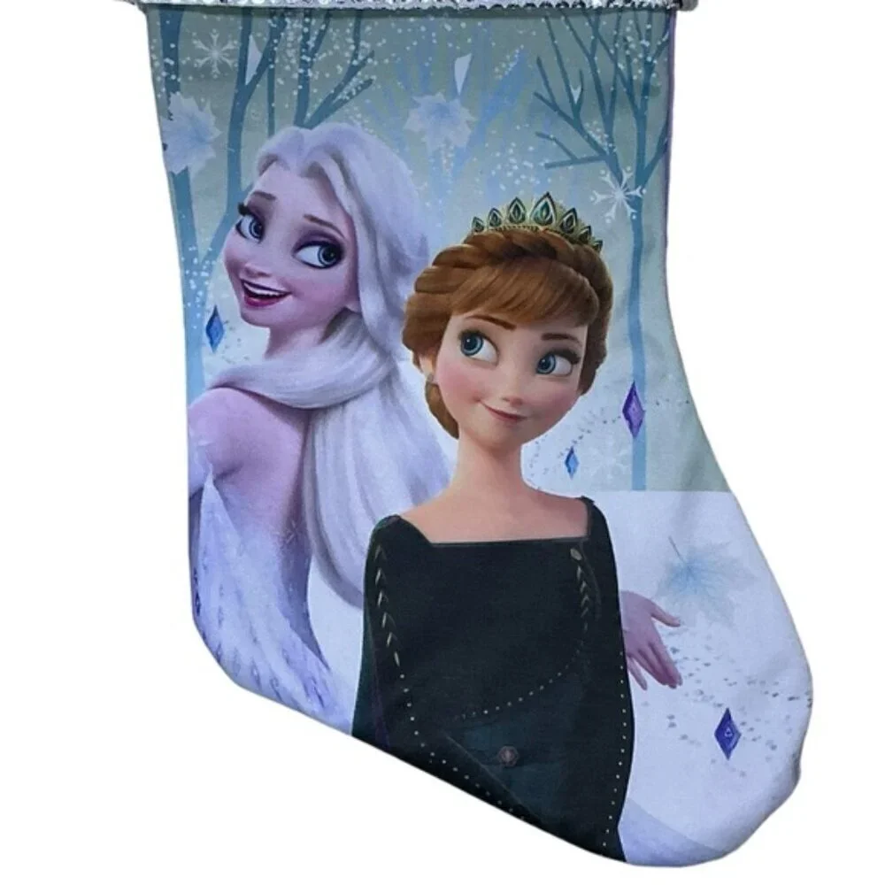 Christmas Stocking Elsa & Anna Disney Frozen Shiny Silver Cuff Lavender 17 in